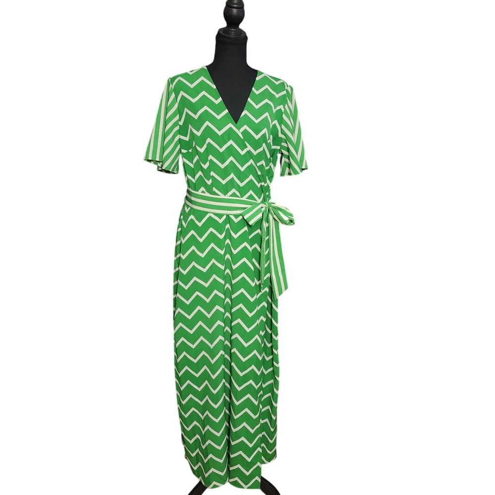 Who What Wear Green Chevron‎ Stripe V-Neck Flowy Maxi Dress Preppy Boho Brunch L